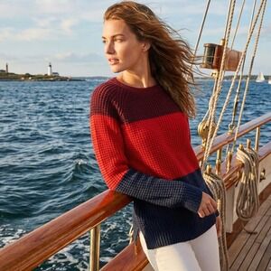 Marine Layer Delaney Striped Waffle Knit Crewneck Sweater Red Navy Blue Small